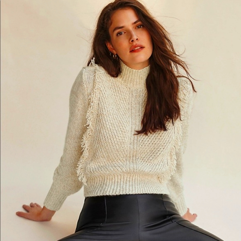 Ann Taylor fringe neck sweater in cream